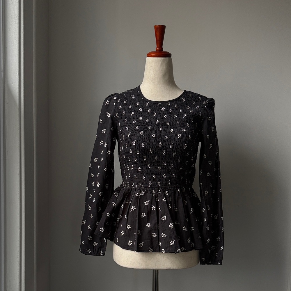 Marine Layer Top Black Floral Women's   Small Smocked Long Sleeve Peplum Cotton